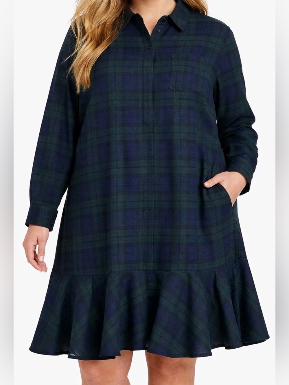Tuckernuck Blackwatch Plaid Long-Sleeve Ruffle-Hem Dress - Navy Green